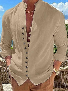 Men's cotton linen long sleeve casual shirt with side buttons in beige vacation style