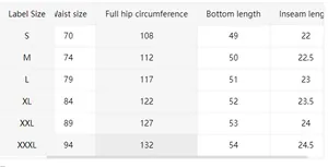Detailed size chart for men's casual beach shorts showing waist and hip measurements