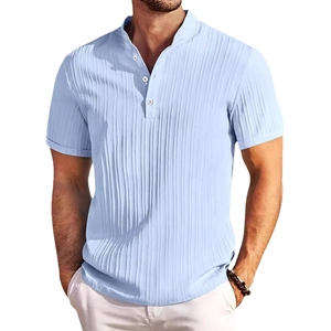 Men's light blue striped linen Henley shirt with short sleeves and button collar