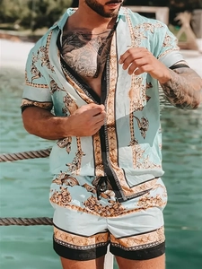 Herren Sommer Strandset mit mintgrünem und goldener Barock 3D-Druck Hemd und Shorts