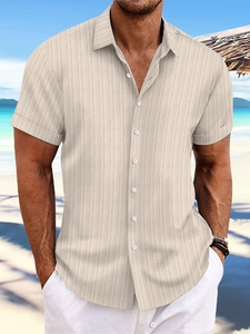 Men's casual beige cotton linen short sleeve shirt with vertical stripes for summer beach