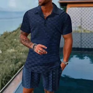 Detail of navy blue men's ice silk polo set featuring textured checkerboard jacquard fabric