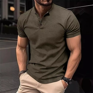 Slim fit men's army green short sleeve Henley shirt with three-button placket and stand collar