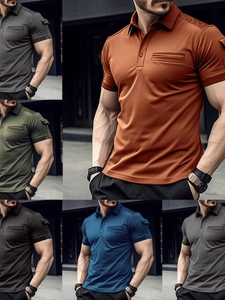 Men Tactical Short Sleeve Polo Shirt Cotton Blend Slim Fit Muscle Training Top With Pockets Outdoor Athletic Sportswear