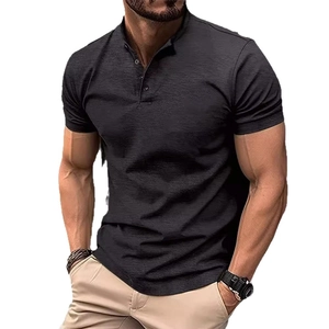 Men's dark grey Henley polo shirt with three-button collar and textured knit fabric