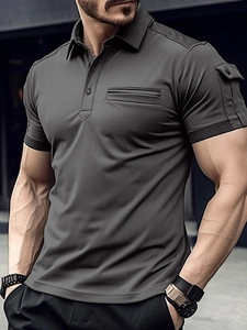 Men's slim fit dark grey short sleeve Polo shirt with tactical pockets for muscle build