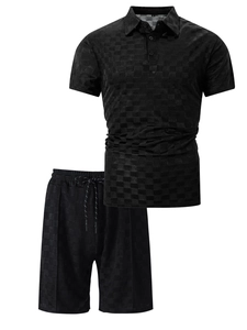 Men's black checkerboard knit ice silk polo and shorts two-piece casual beach set