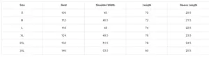 Size chart for men's polo shirt showing measurements from S to 3XL for bust and length