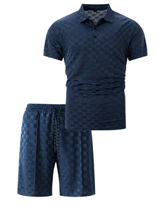 Navy blue checkerboard knit polo shirt and shorts set for men casual beach style