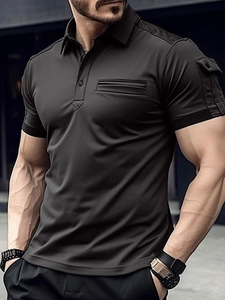 Men's athletic charcoal tactical polo shirt with utility pockets and slim fit design
