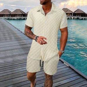 Close-up of men's summer vacation set showing waffle knit texture on shirt and shorts