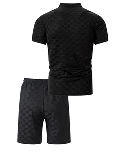 Men's black checkerboard jacquard knit polo shirt and shorts two-piece casual beach set