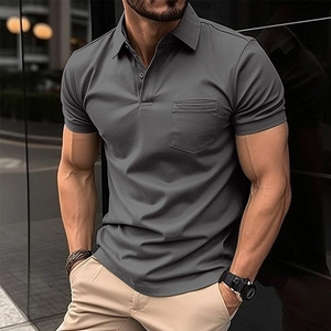Classic dark grey men's short sleeve Polo shirt with pocket and three-button placket