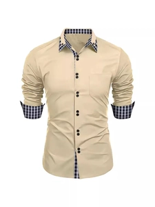 Men's Slim Fit Plaid Patchwork Long Sleeve Shirt British Business Casual Cotton Blend Button Down Shirt With Pocket