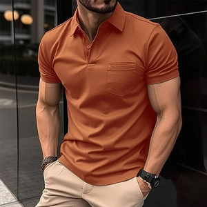Men Casual Polyester Short Sleeve Polo Shirt With Chest Pocket Solid Color Comfortable Breathable Lapel Top For Daily Wear