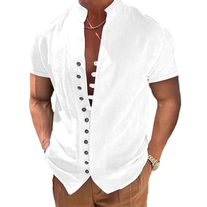 Chemise homme en coton et lin blanc avec col montant et boutons décoratifs élégants