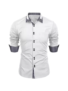 Slim fit men's white dress shirt featuring black checkered patterns on collar and cuffs