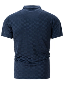Rear view of men's navy blue polo shirt with checkered ice silk texture and rib knit collar