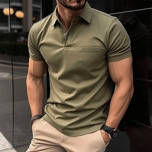 Mens olive green short sleeve polo shirt with chest pocket and slim fit design