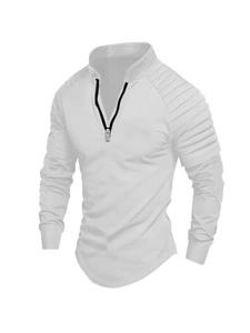 Herren Casual Langarm Polohemd Viertel Reißverschluss Stehkragen Gefaltete Schulter Slim Fit Baumwollmischung Moto Stil Sport Top