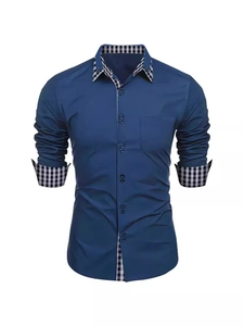 Slim fit men's dark blue long sleeve shirt with classic checkered collar and cuff detail