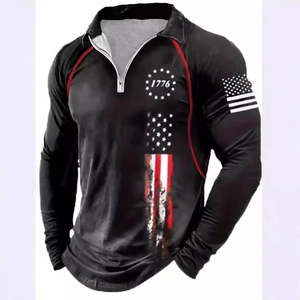 Men's Long Sleeve Polo Shirt US Flag 1776 Print Half Zipper Casual Sporty Patriotic Stars Stripes Patchwork Top
