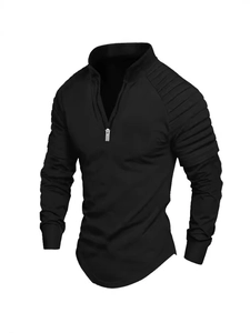 Herren Langarm Poloshirt in Schwarz mit halbem Reißverschluss und gesteppter Schulterpartie