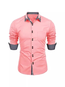 Slim fit men's long-sleeve pink shirt with stylish plaid contrast collar and cuffs