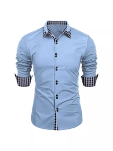 Slim fit light blue long sleeve dress shirt with plaid collar and cuff contrasts