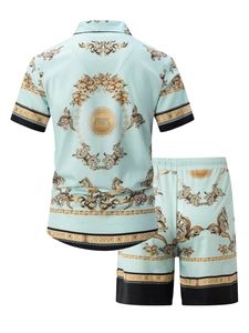 Herren Sommer-Set mit Kurzarmhemd und Shorts mit goldenem Barock-Blumendruck Motiv