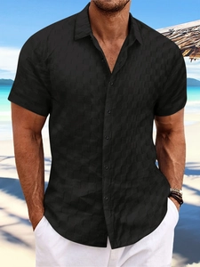 Men's summer black textured plaid short sleeve polo shirt with breathable fabric texture