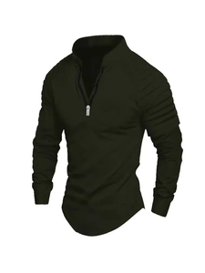 Herren Langarm-Poloshirt in Olivgrün mit Viertelreißverschluss und gerippten Details