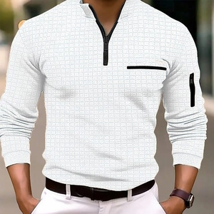 Polo Décontracté pour Homme Texture Gaufre Manches Longues Fermeture Éclair Quart Col Montant Poches Zippées Contrastées Haut Large