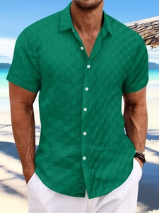 Men's dark green casual short sleeve shirt with waffle texture and lapel collar for summer