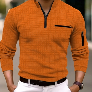 Polo homme orange à carreaux avec manches longues et détails de fermetures éclair noires