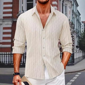 Men's Long Sleeve Casual Shirt Textured Geometric Jacquard Pattern Button Up Lapel Collar Top For Vacation Daily Wear