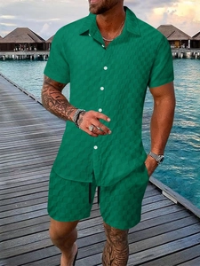 Men's dark green summer leisure set featuring waffle texture short sleeve shirt and shorts