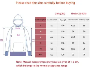 Detailed size chart for Christmas hoodie showing dimensions from S to XXXL in centimeters