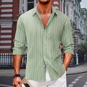 Men's light green striped long sleeve casual shirt with diamond texture and classic collar