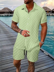 Men's light green waffle knit short sleeve shirt and shorts set for beach vacation