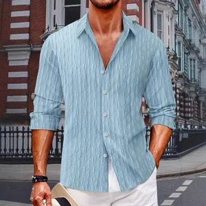 Men's light blue striped cotton linen long sleeve shirt with textured fabric