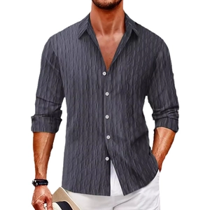Men's casual long sleeve shirt in grey with geometric pleated texture and white buttons