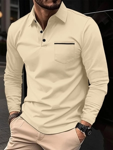 Men's slim fit long sleeve beige polo shirt with classic collar and front pocket