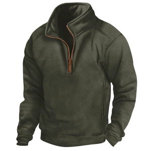 Men's olive green tactical quarter-zip fleece pullover with stand collar and contrast trim