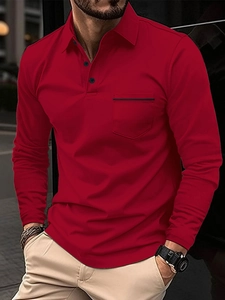 Men's slim fit long sleeve polo shirt in deep red with classic collar and chest pocket