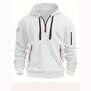 White hooded hoodie for men with functional zippers and stylish orange accents on pockets