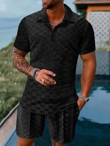Men's black ice silk short sleeve polo and shorts set with checkered texture for beach