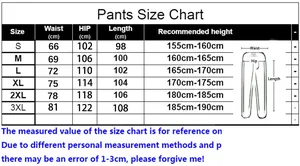 Detailed size chart for casual pants showing waist and hip measurements from S to 3XL