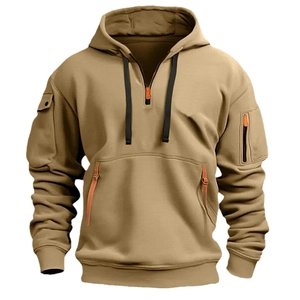 Tactical khaki men hoodie with quarter zip and functional multiple zip pockets