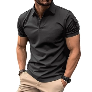 Men's short sleeve muscle fit polo shirt with functional sleeve pocket in dark gray